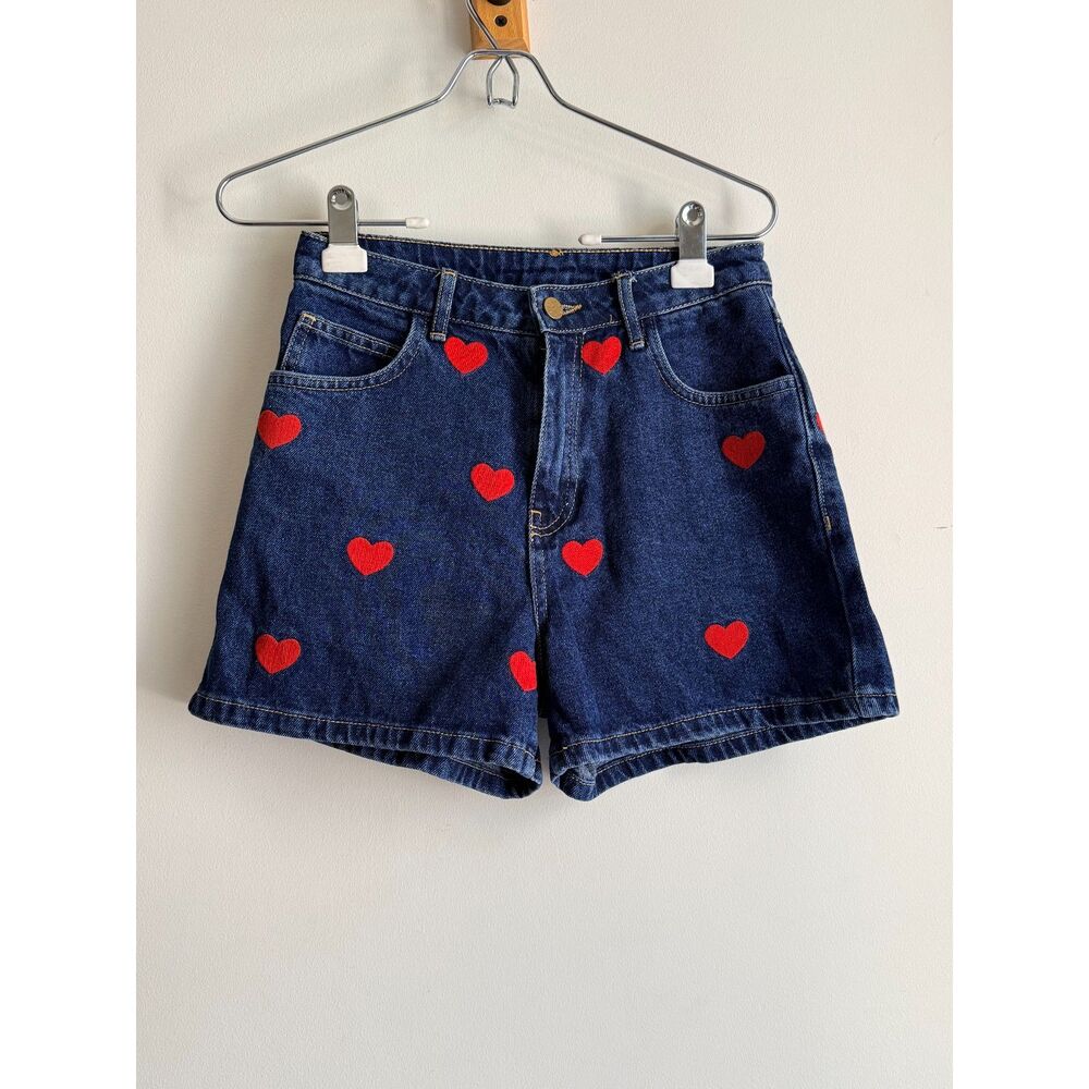 Lazy Oaf denim shorts w/ embroidered red hearts (26)